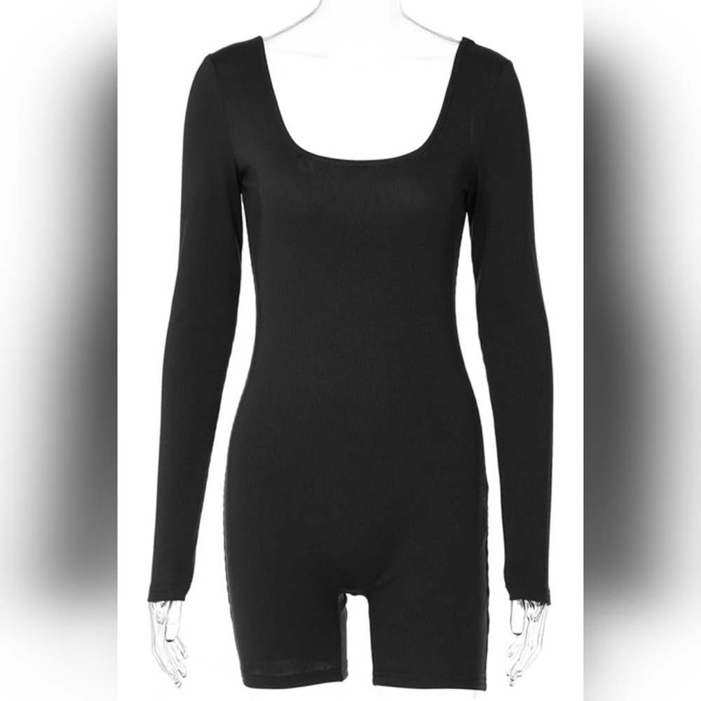Black Long Sleeve Workout Jumpsuit | Square Neck Yoga Romper | Ribbed Unitard